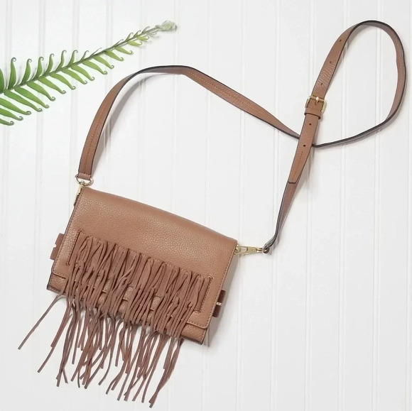 Rebecca Minkoff Brown Laced Fringe Leather Crossbody Bag - Picture 1 of 5